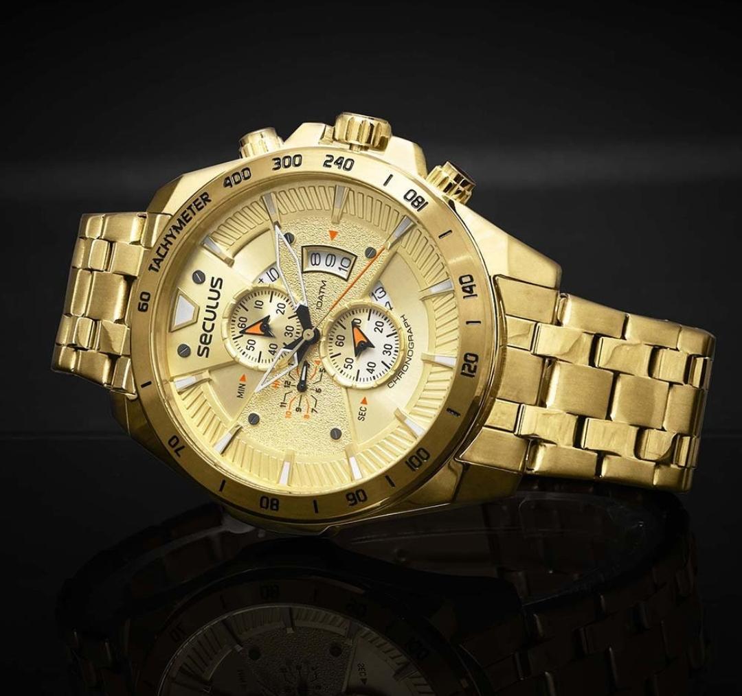 Relógio Seculus Masculino Ref: 77221GPSVDA2 Cronógrafo Dourado - Imagem 3